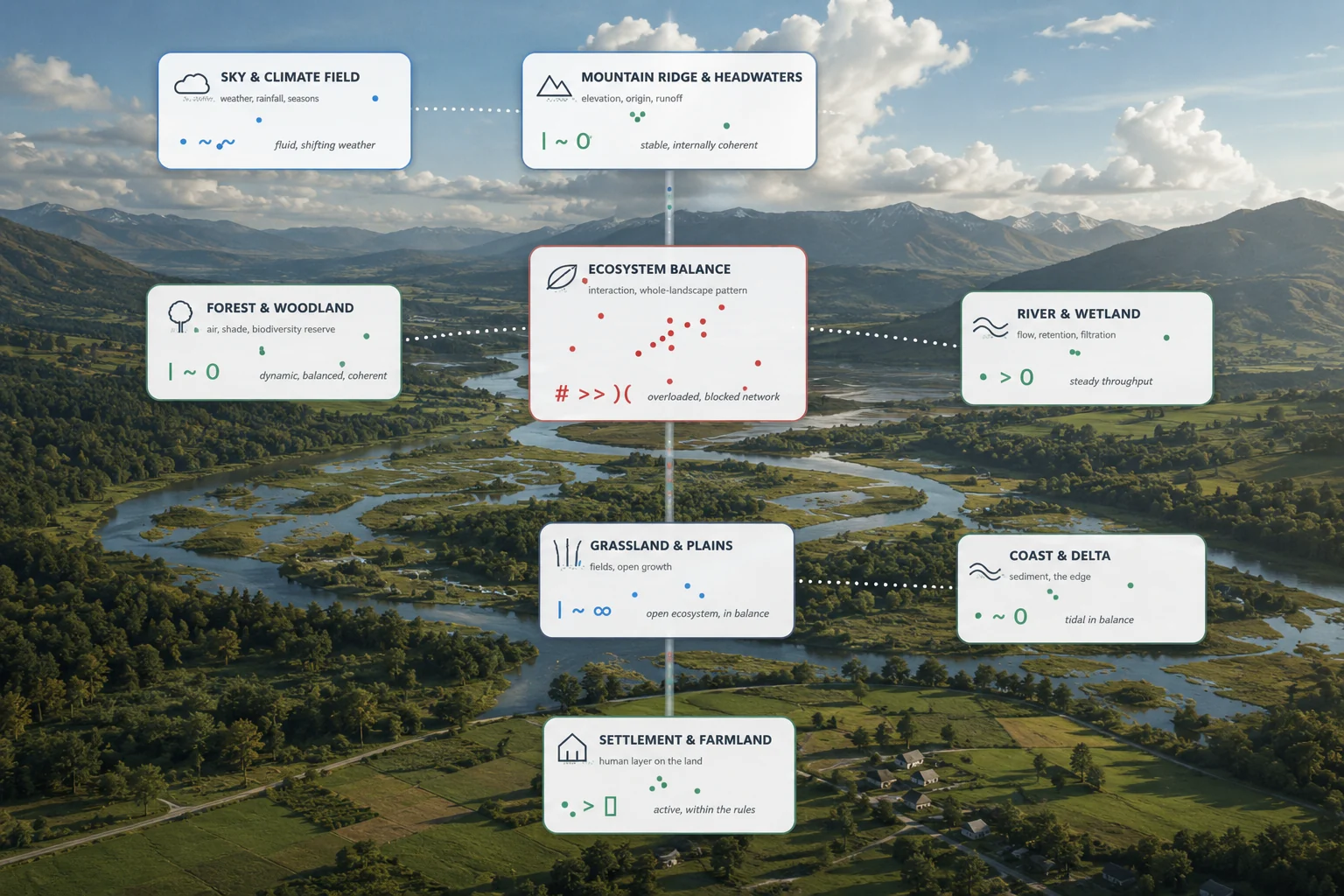 A watershed mapped as connected climate, woodland, river, wetland, coast and settlement fields