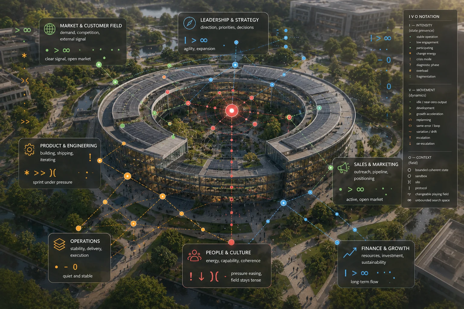 An organisation visualised as a field of strategy, people, operations, markets and feedback