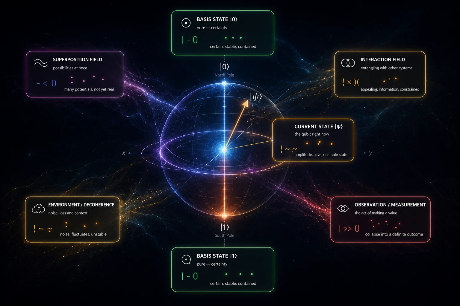 A qubit mapped across basis states, superposition, interaction, decoherence and measurement